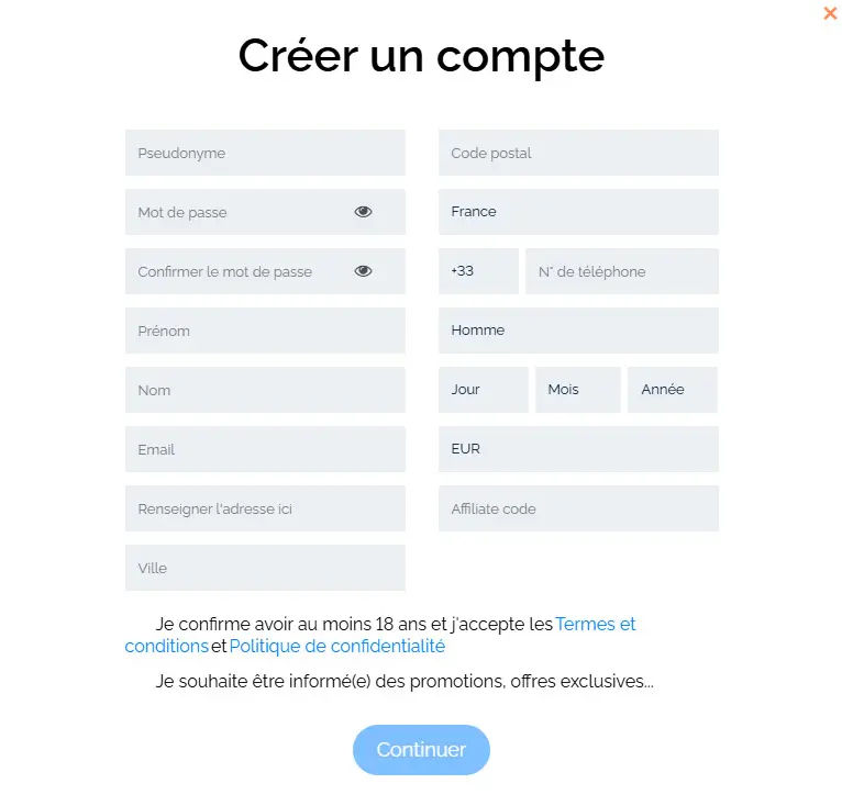 Processus d'inscription BETLIVE CASINO